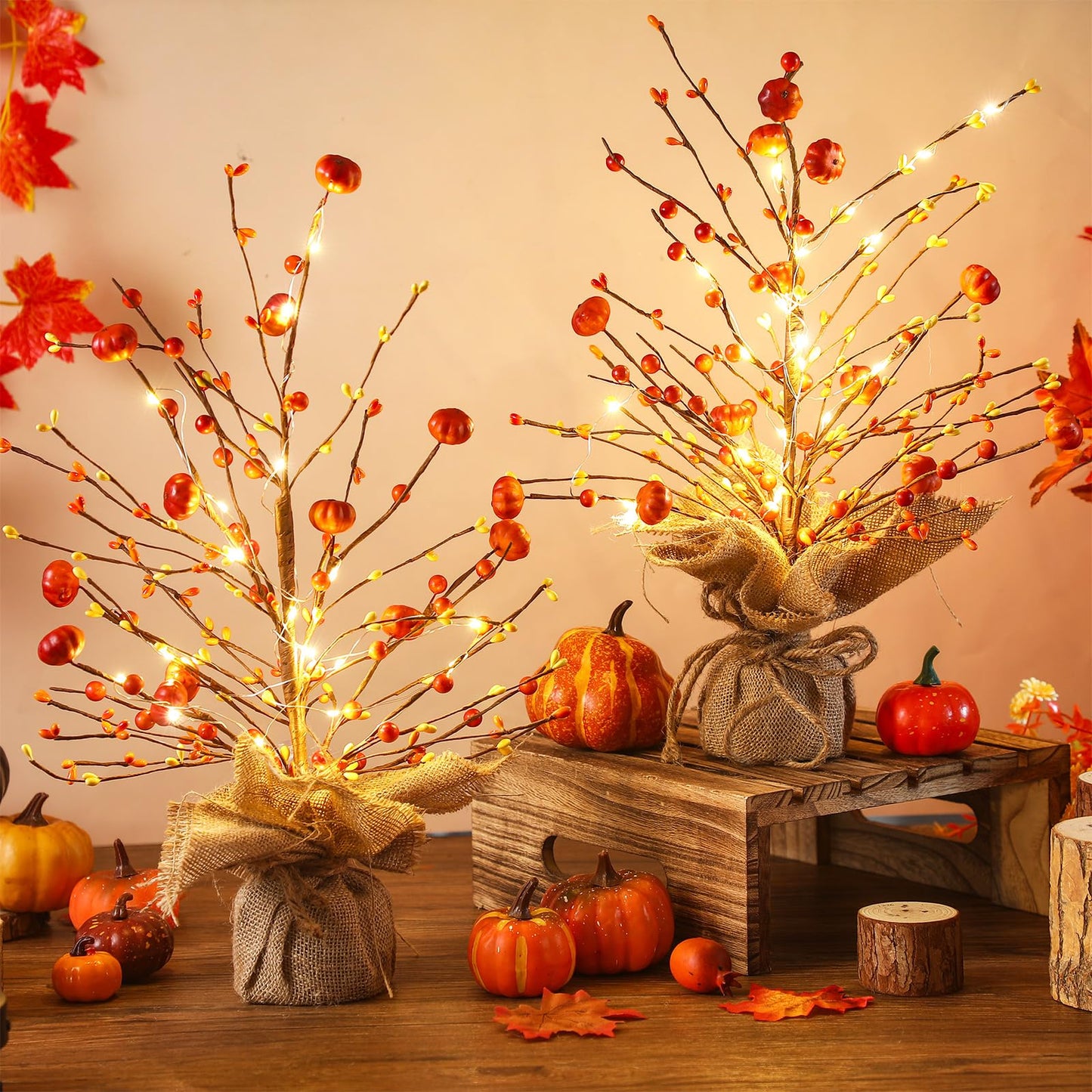 Ganeen 2 Pcs Thanksgiving Lighted Fall Tree Tabletop Decor LED 18 Inch Light up Fall Mini Tree Table Centerpiece Autumn Pumpkin Berry Harvest Decorations Rustic Burlap Base for Home Office Desk Decor