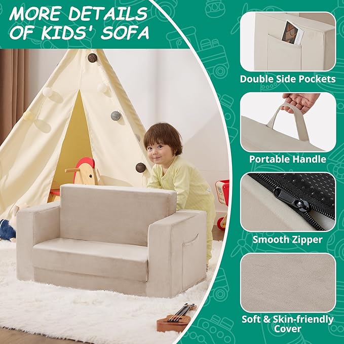 Kids Couch, 2-in-1 Toddler Chair Comfy 1-3 Years, Convertible Kids Chair