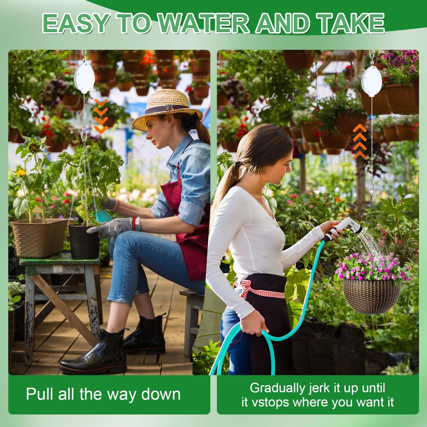 Heavy Duty Retractable Plant Hangers, Adjustable Pull-Down Pulleys with 63" Stainless Steel Rope, Double Hooks for Hanging Plants, Bird Feeders, Planters & Pots, Indoor & Outdoor Use (4Pcs- White)