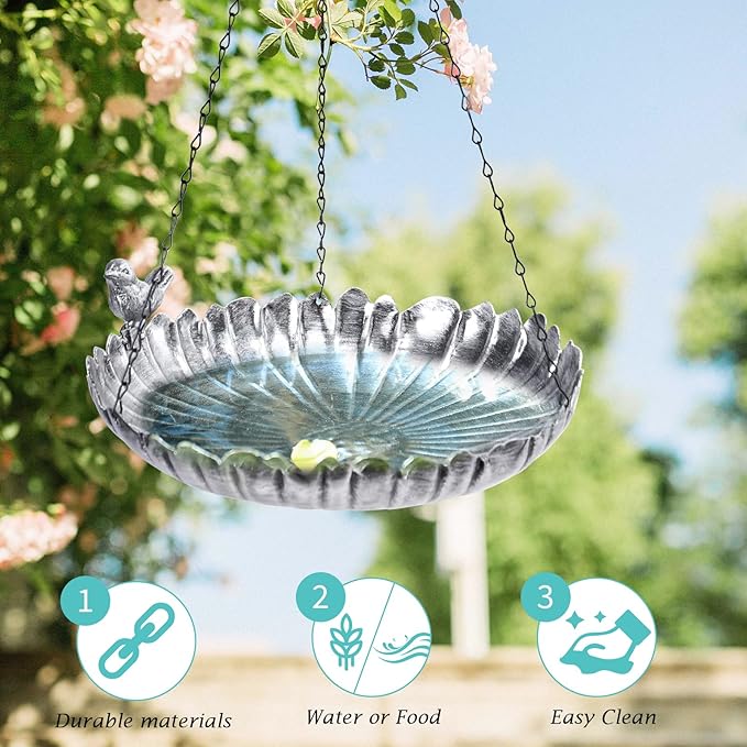 VCUTEKA Hanging Bird Baths for Outdoors, Metal Bird Bath for Outside Birdfeeder for Garden, Patio, Back Yard Decoration, Silver