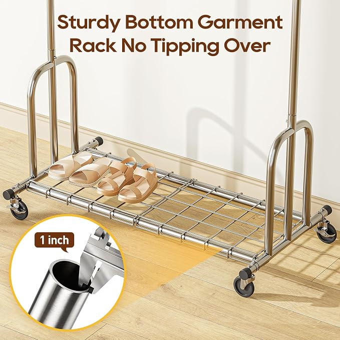 TigerParty Heavy Duty Clothes Rack,Load 600 LBS,Metal Garment Rack,Standing Rolling,Clothing Rack for Hanging Clothes,Portable Closet Wardrobe Rack for Bedroom Laundry Living Room