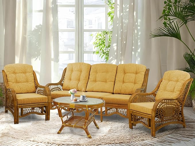 Malibu Lounge Set of 4: 2 Natural Rattan Wicker Chairs, Three-Seater Sofa