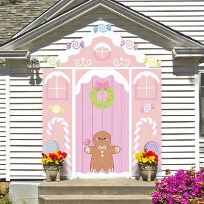 Hahafelt 4 Pcs Pastel Candy Christmas Gingerbread Door Covers Decoration Xmas Pink Gingerbread House Candy Door Backdrop Christmas Photo Booth Props Porch Sign for Holiday Classroom Home Party Decor