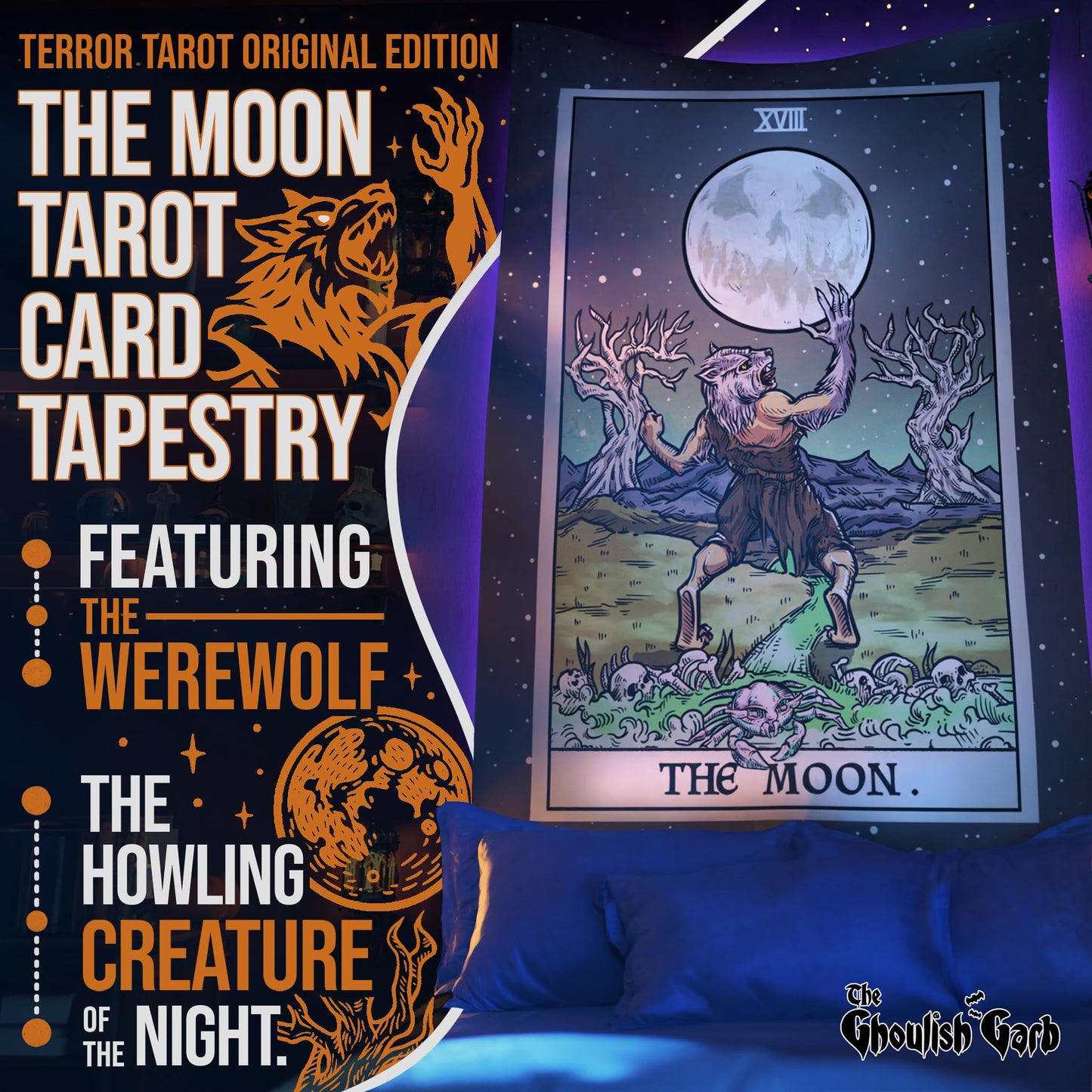 The Moon Tarot Card Tapestry - Werewolf - Gothic Halloween Home Decor Wall Hanging (60" x 50")