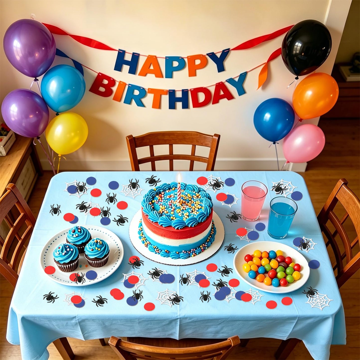200 Pcs Spider Web Table Confetti Red Blue Round Paper Scatter Hero Themed Table Decorations for Birthday Party Halloween Spooky Baby Shower DIY Crafting Supplies
