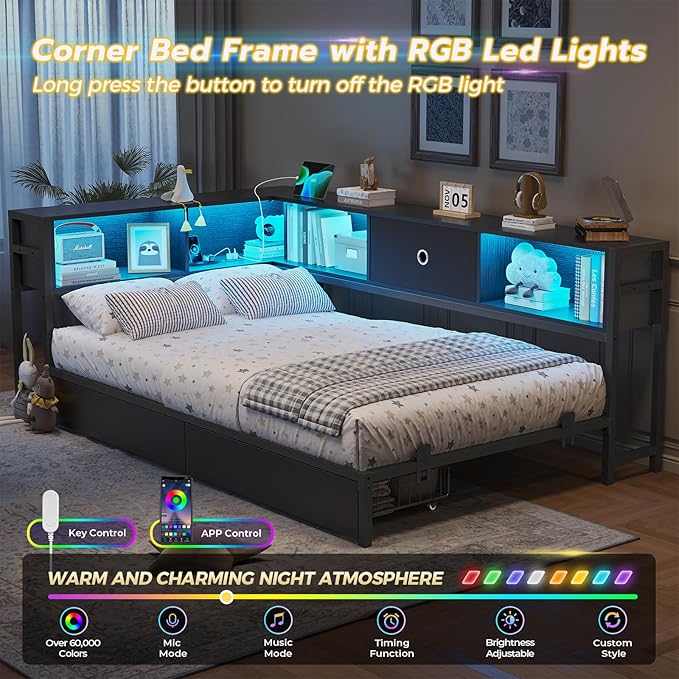 DICTAC Corner Bed Frame with 2 Storage Drawers and Bookcase Headboard Twin XL