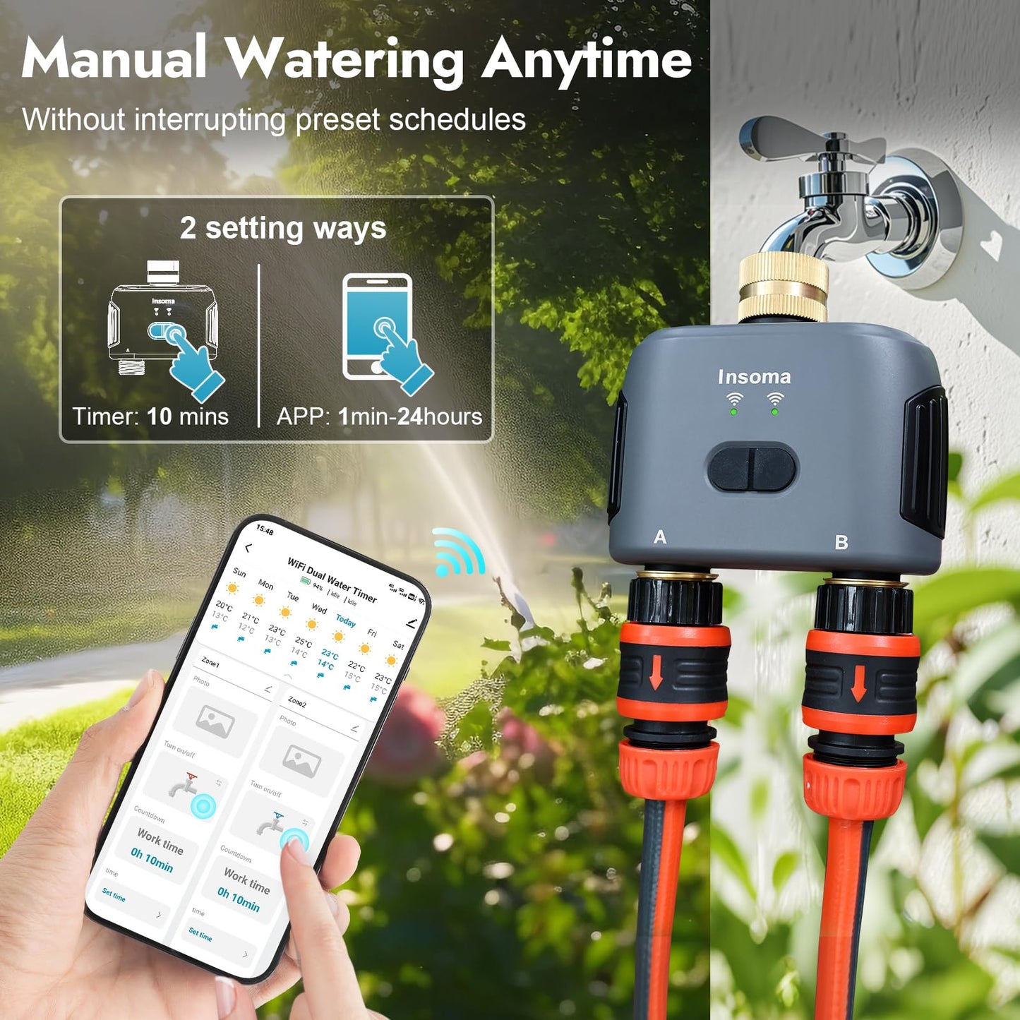 WiFi Water Timer for Garden Hose with Brass Inlet,Smart Hose Timer with WiFi Hub, APP & Voice Control,Up to 20 Watering Plans, 2-Zone Sprinkler Drip Irrigation System Controller for Yard Lawn Watering