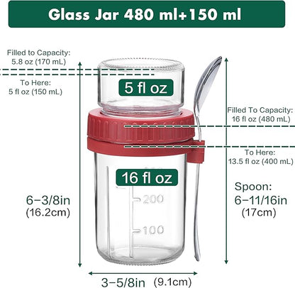 Danmu 2 Pack Overnight Oats Containers with Lids 21 oz (16+5),Dual-Layer Yogurt Parfait Cups with Lids,Meal Prep Containers Glass for Snack,Overnight Oats,Yogurt,Parfait,Salad Dishwasher Safe