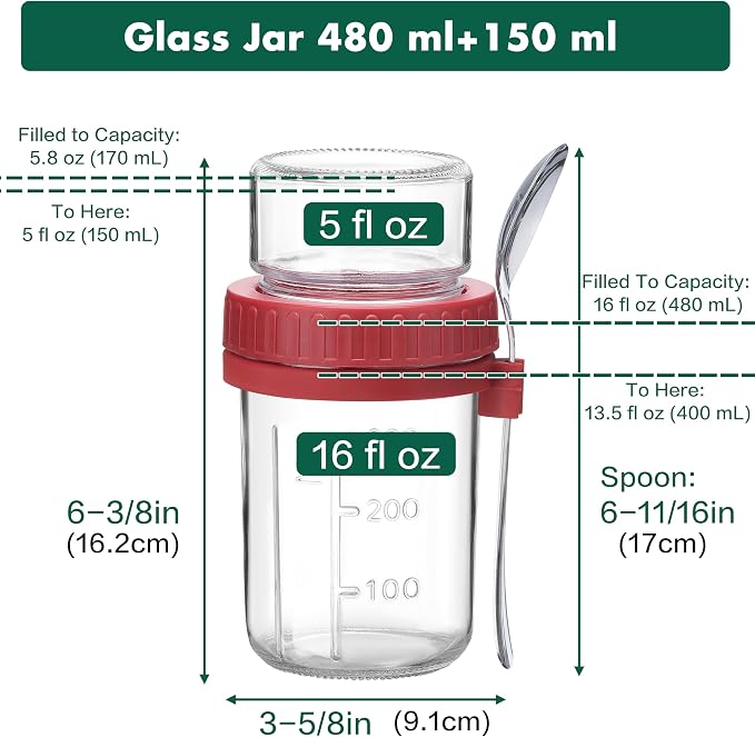Danmu 4 Pack Overnight Oats Containers with Lids 21 oz (16+5),Dual-Layer Yogurt Parfait Cups with Lids,Meal Prep Containers Glass for Snack,Overnight Oats,Yogurt,Parfait,Salad Dishwasher Safe