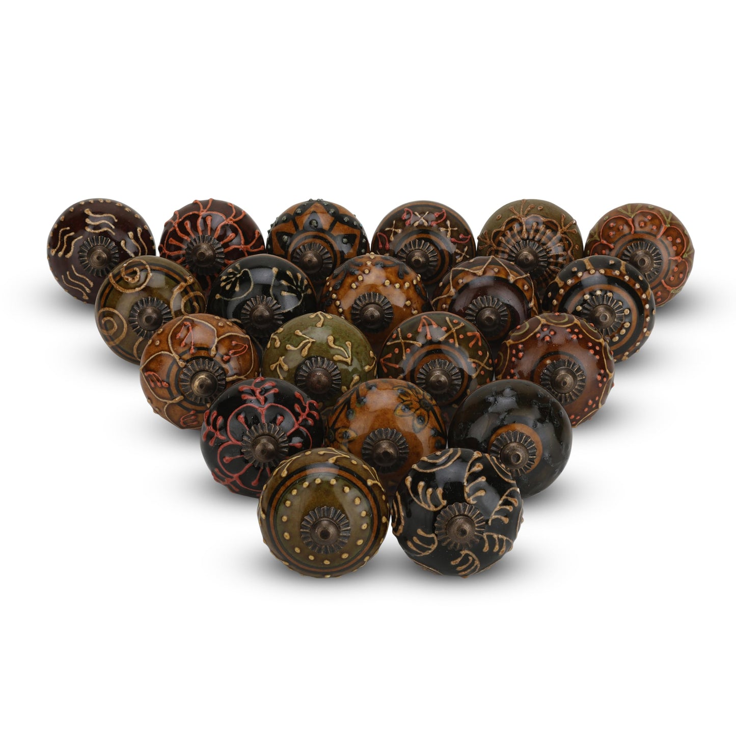 FURNISHFUL FINESSE Dresser Knobs for Cabinets and Drawers Assorted, Dusty Ceramic Knob & Pull Handle for Kitchen Brown Cupboard Wardrobe Decorative Furniture Knobs - Pack of 12, (Dark Brown)