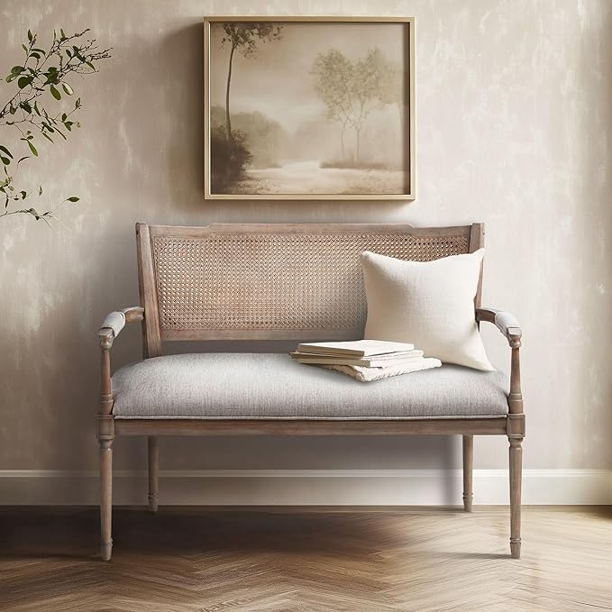 Madison Park Willshire Natural Rattan Settee, Upholstered Seat