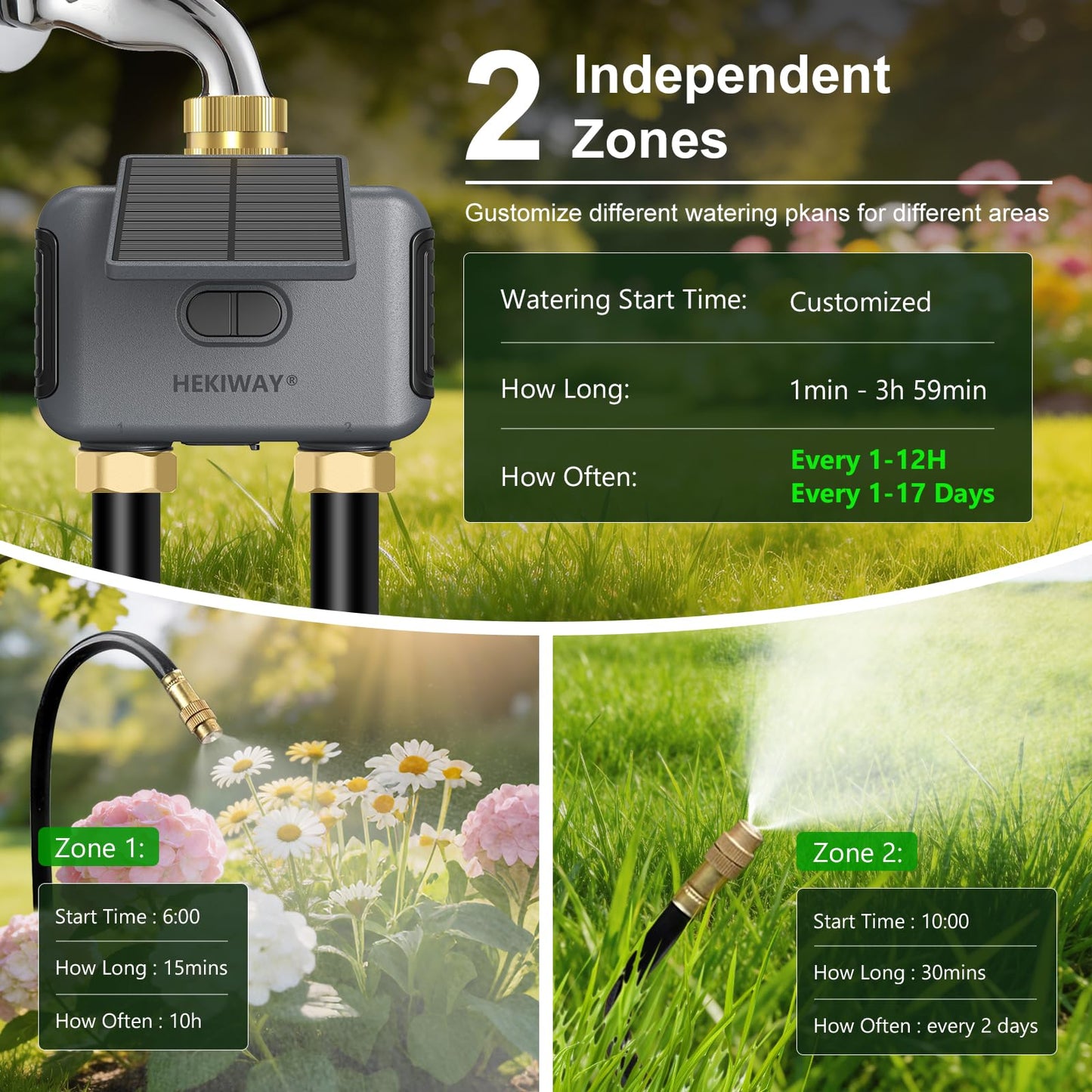 HEKIWAY 120FT Drip Irrigation System with WiFi Solar Water Timer, Automatic Garden Watering Kit with Dual Metal Tube Brass Connectors, 360° Adjustable Nozzles for Garden, Greenhouse & Lawn