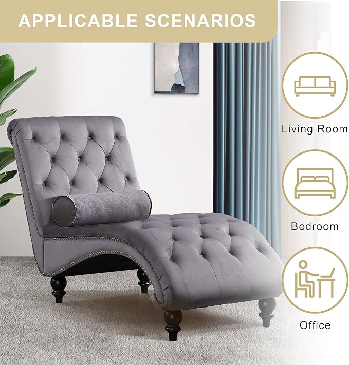 Chaise Lounge Indoor, Velvet Upholstered Lounge Chair Button-Tufted Armless