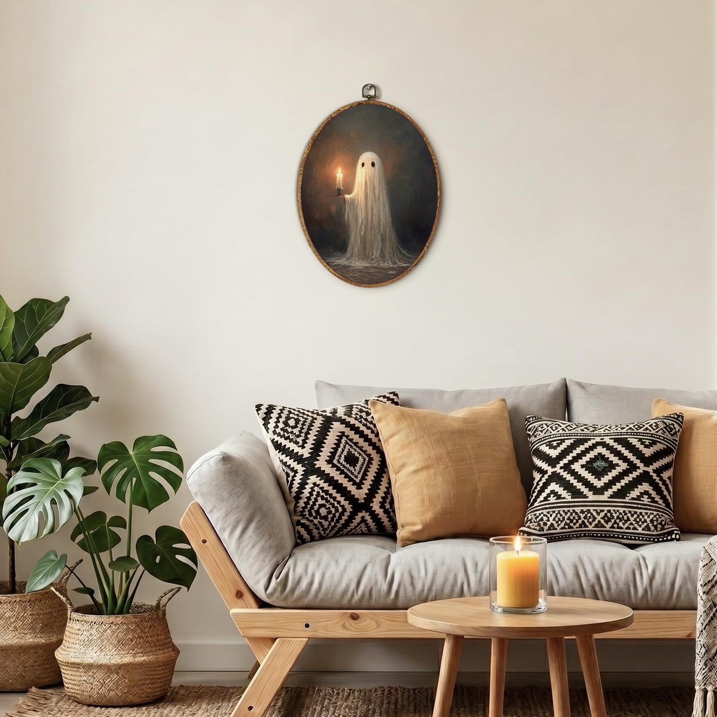 Tzhim Cute Ghost Holding Candle Canvas Wall Art, Spooky Halloween Ghost Oval Wall Art Decor, Dark Academia Room Decor, Gothic Victorian Framed Hanging Decorations for Home Bedroom, 8.5x11.5in