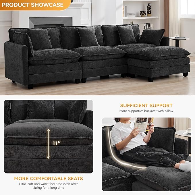 111'' Sectional Cloud Deep Seat Couch, Modern Comfy Chenille L Shaped Sectional