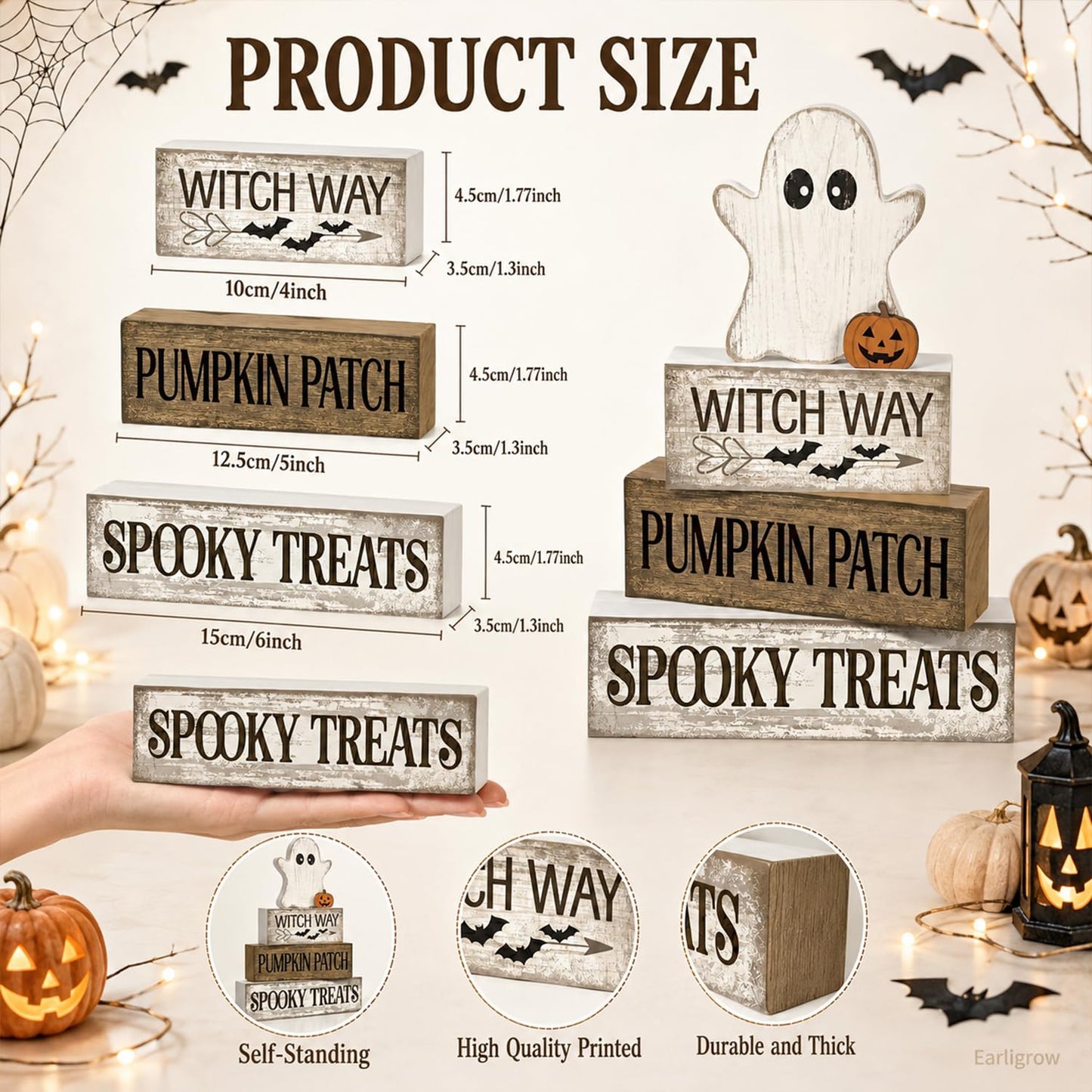 4 Pcs Halloween Table Decorations Wooden Ghost Tiered Tray Decor Farmhouse Rustic Block Signs Cute Pumpkin Tabletop Centerpiece for Home Office Mantel Kitchen Shelf