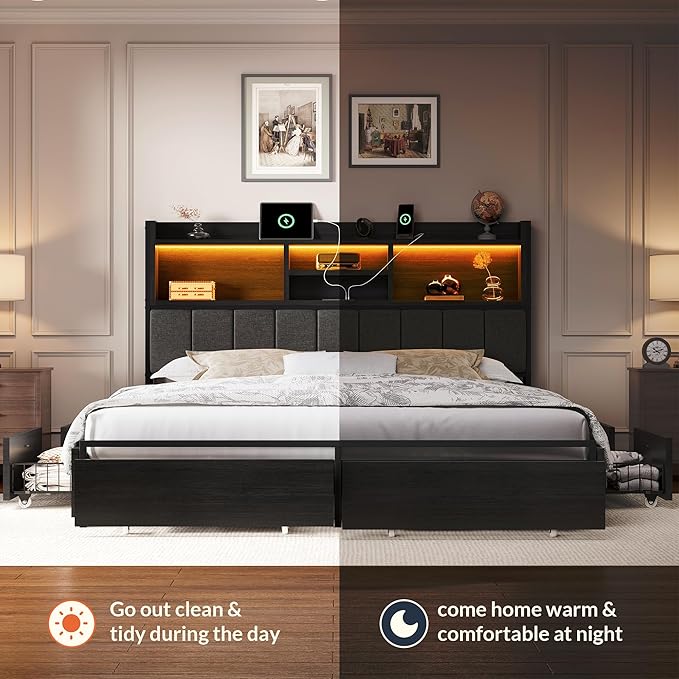 LARMACE Queen Bed Frame with 6 Storage Drawers, Bed Frame Queen Size with Linen