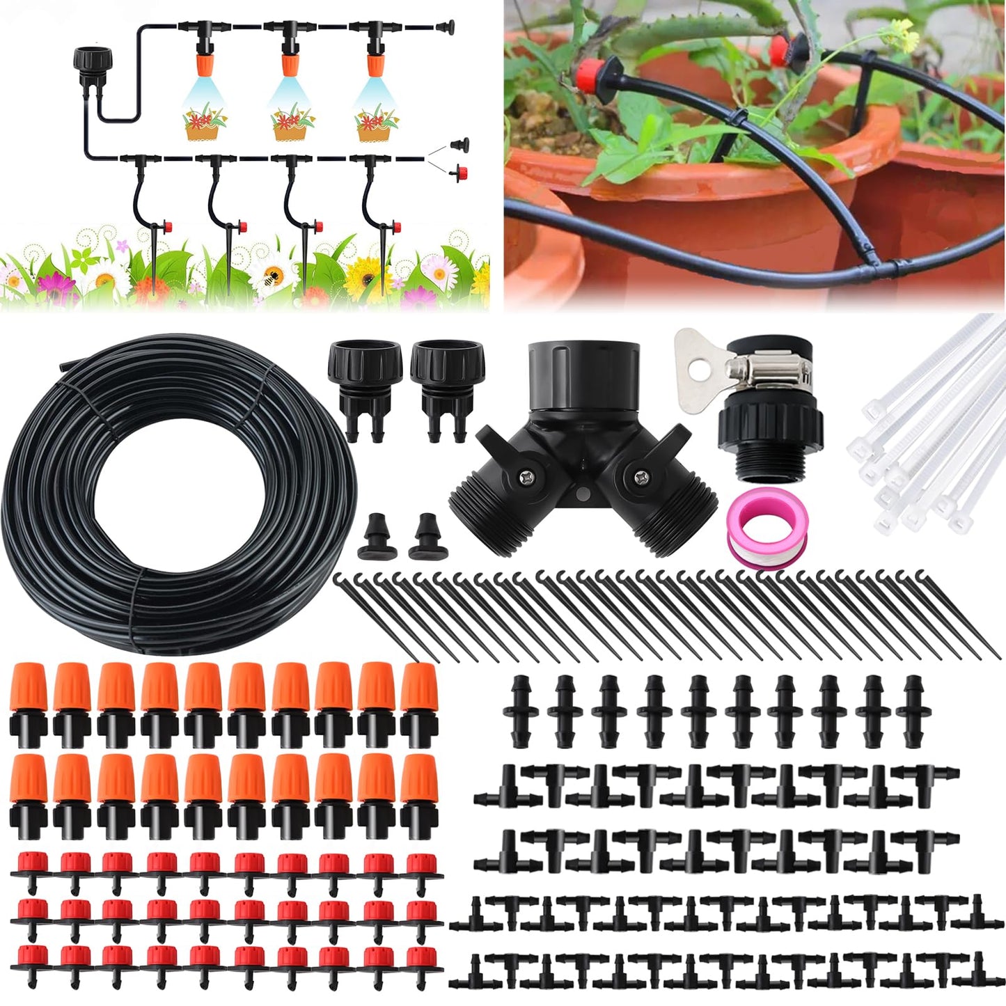 Drip Irrigation Kit, Garden Irrigation System 1/4" Blank Distribution Tubing Watering Drip Kit/DIY Saving Water Automatic Watering System for Garden, Greenhouse, Flower Bed, Patio, Lawn
