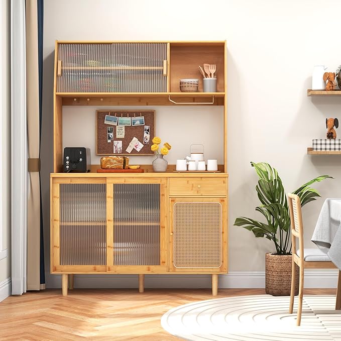 Giantex Pantry Cabinet, Microwave Countertop, Glass Holder, Freestanding Buffet