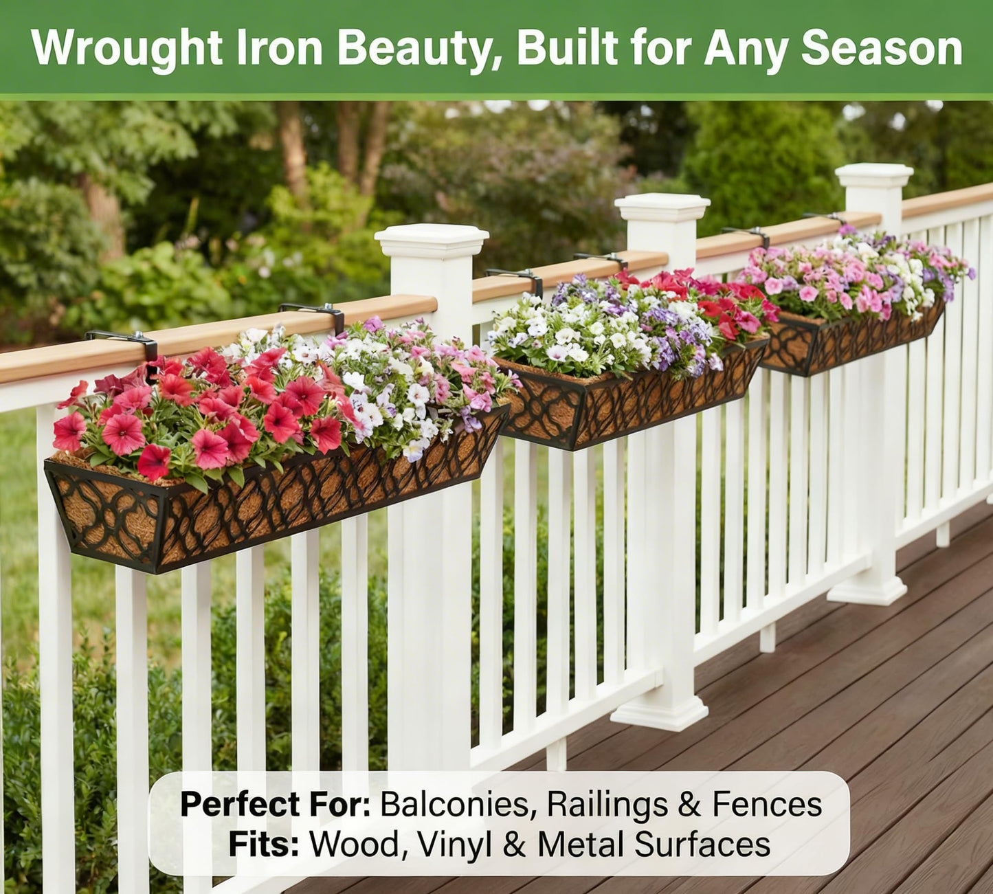 Y&M 36 Inch Window Deck Planter with Coco Liner, Metal Hanging Flower Boxes for Fence, Railing, Balcony, and Outdoor Garden Lawn – 4pcs
