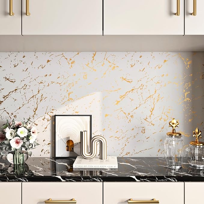 FunStick 36"x200" Cream White and Gold Wallpaper Peel and Stick Marble Contact