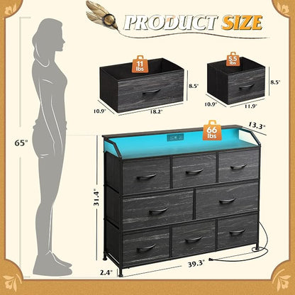 WLIVE Led Dresser for Bedroom, TV Stand for Bedroom with LED Lights and Power Outlet, Wide Chest of Drawers for Hallway, 8 Fabric Drawers for Living Room and Entryway, Charcoal Black Wood Grain Print