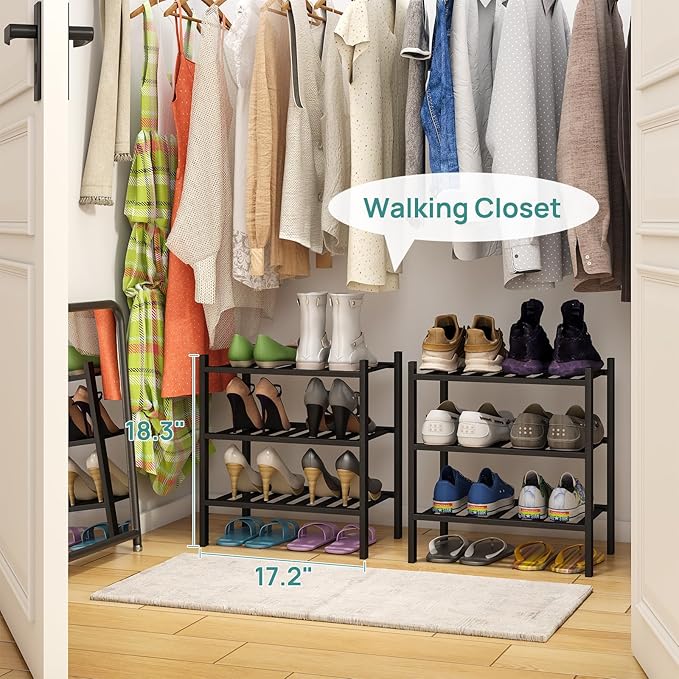 viewcare Small Shoe Rack for Entryway, 3-Tier Black Bamboo Shoe Organizer for
