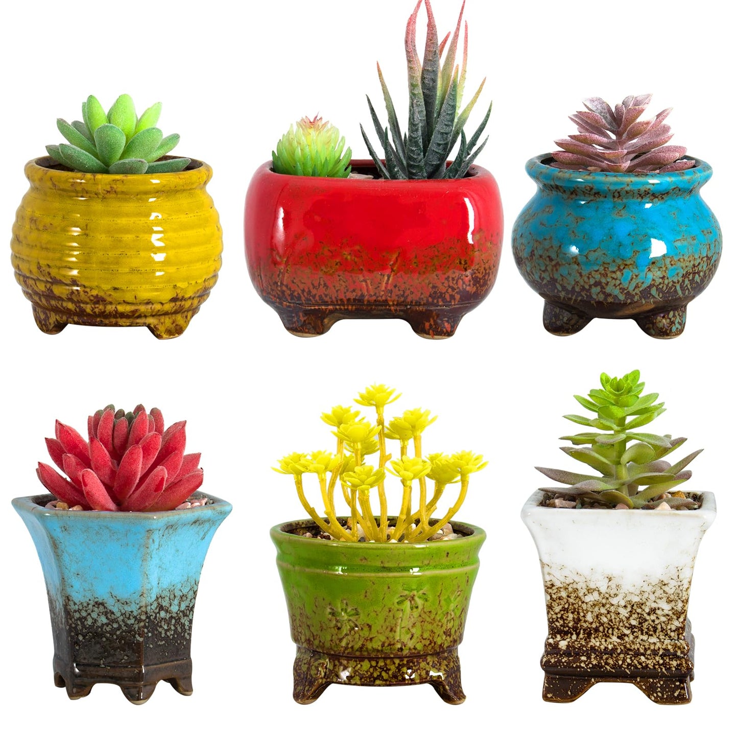 ARTKETTY Succulent Pots - Small Succulent Plant Pots with Drainage Set of 6, Ceramic Cactus Planter Pots for Indoor Unique Flower Planter Container for Home Office Decor