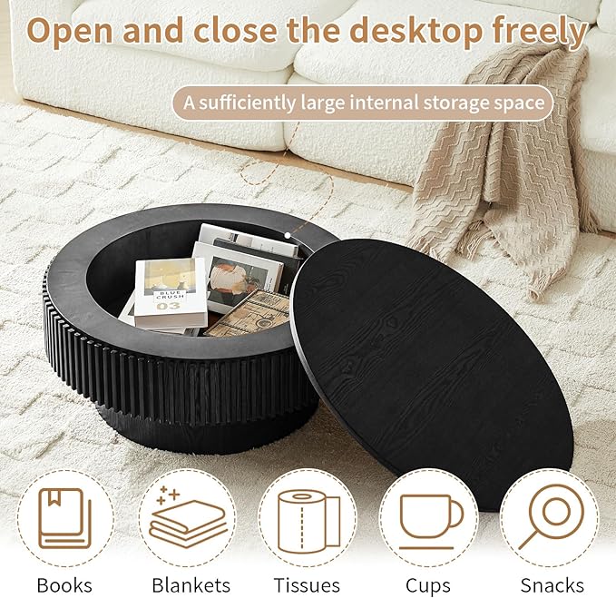 Round Coffee Table for Living Room, Fluted Drum Accent Tea Center Table