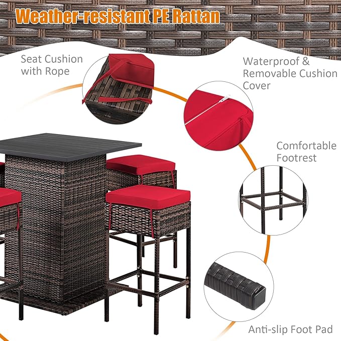 Tangkula 5 Piece Outdoor Rattan Bar Set, Patio Bar Furniture