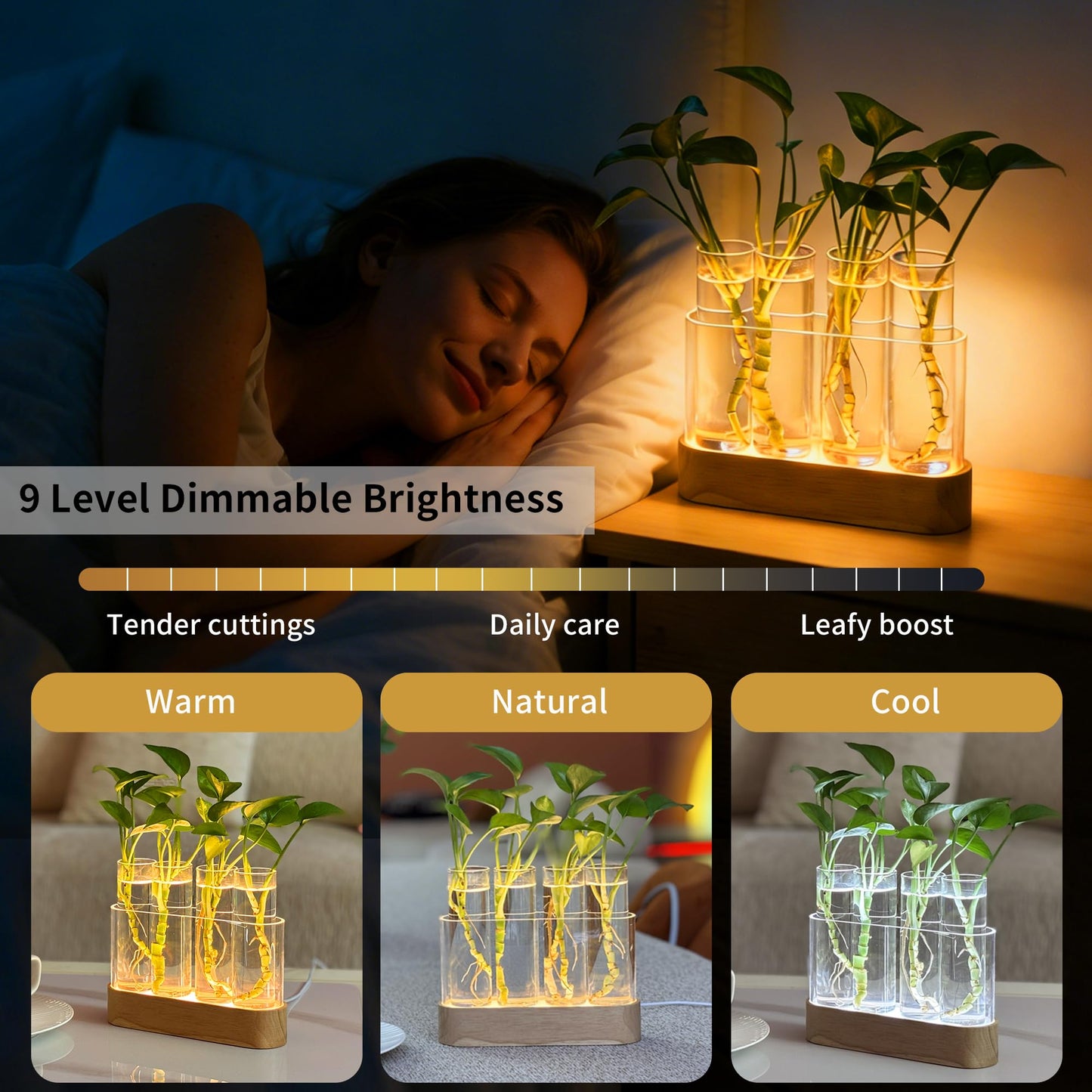 Plant Propagation Station with LED Lights, Wooden Stand, 4 Glass Test Tubes for Hydroponic Plants, 3 Lighting Modes 9 Brightness, Plant Lovers