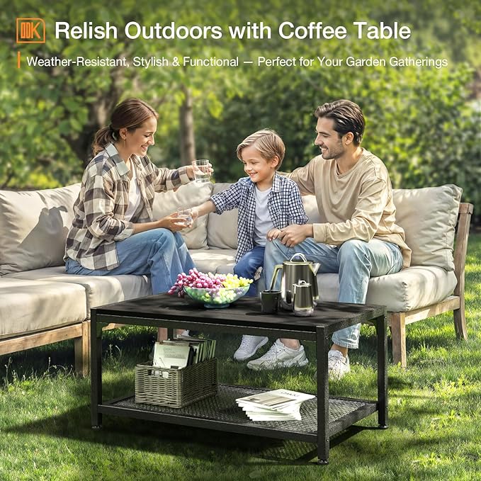 ODK Outdoor Coffee Table with Double-Layer Storage, Rectangle Weather-Resistant