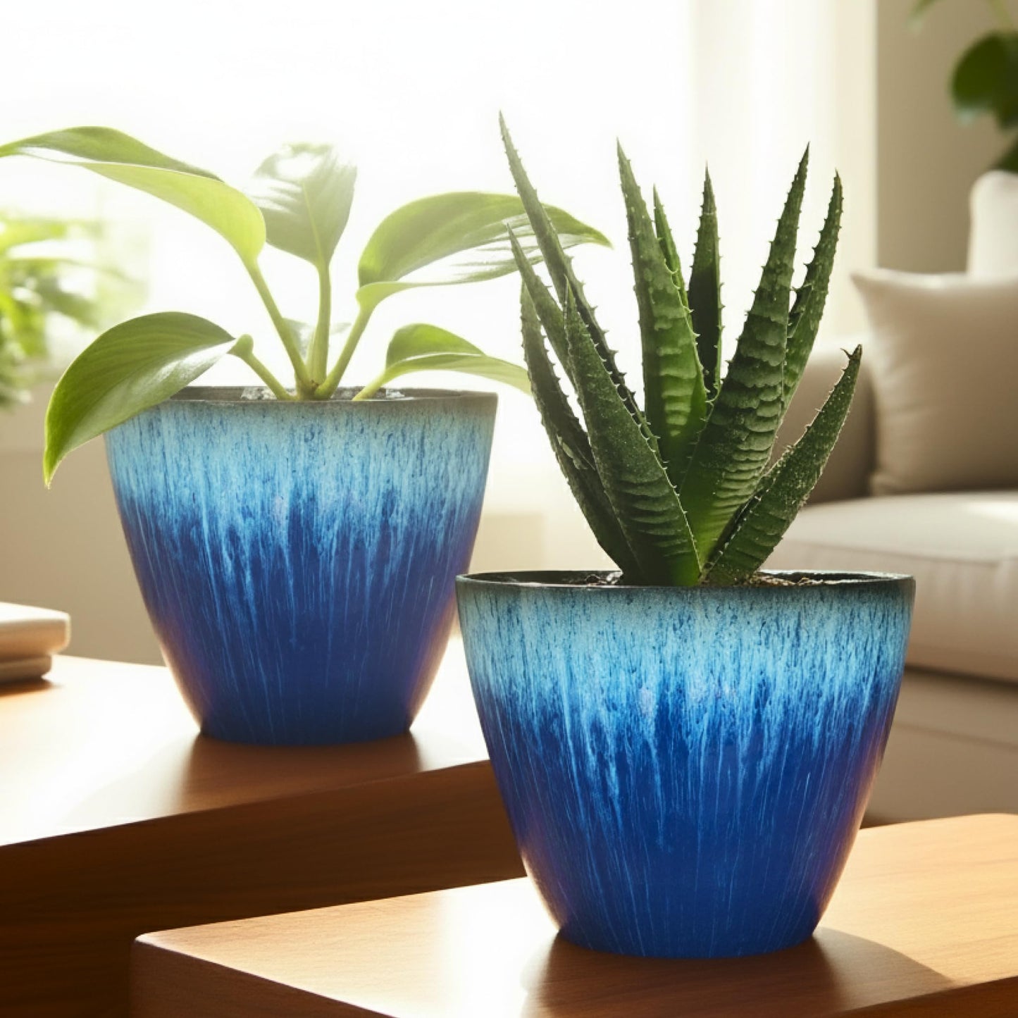 LESOASIS Pack of 2 Flower Pots, Plastic Plant Pots with Drainage Holes, 8 inch Modern Glossy Finishing Planter for Indoor Outdoor Plants (Blue Glaze, 2 Pack)