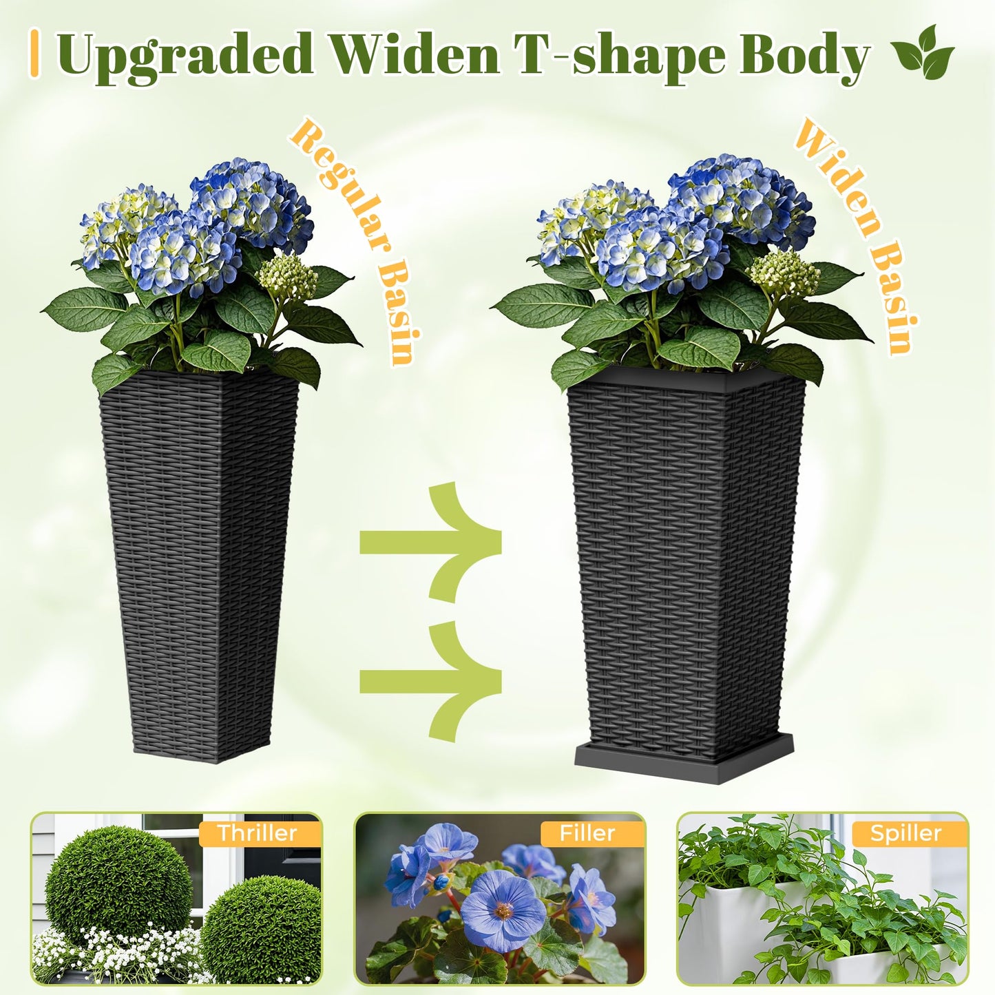 JUMMICO Set of 2 Resin Widened Tapered Planters, Rattan Texture Planters with Drainage Holes and Trays, Outdoor Flowers Pots for Plants, Porch & Patio Decor (Black, 24'' H, Inner & Outer Trays)