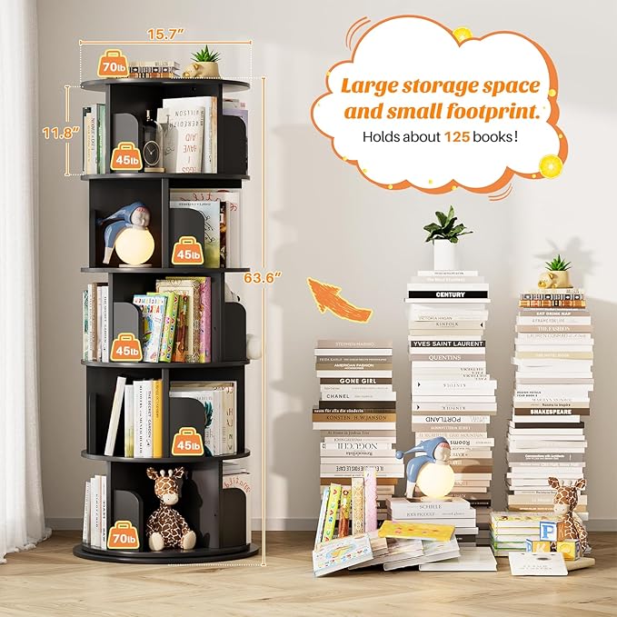 Aheaplus Rotating Bookshelf, 360 Display Wood Spinning Bookshelf Tower