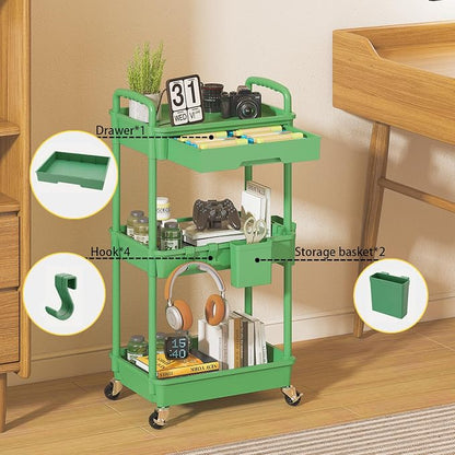 3 Tier Rolling Utility Cart with Drawer, Plastic Storage Organizer Rolling Carts with Wheels Handles Hanging Cups Hooks for Office, Bathroom, Kitchen,Craft Art Room (Green)