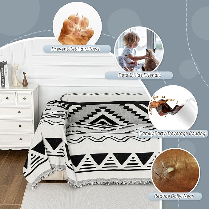 MYSKY HOME Boho Couch Cover for Dogs Washable Black Rhombic Couch Sofa
