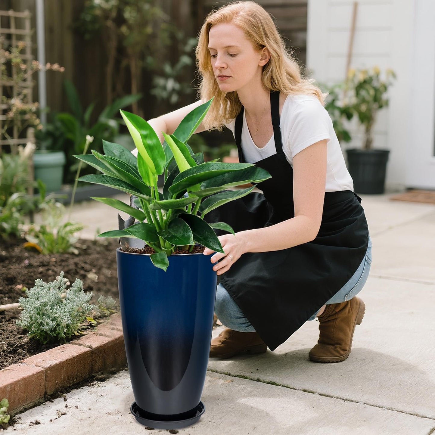 Neoaider 24/21/12 Inch Large Plastic Planter, Lightweight Ceramic-Look Tall Planters with Drain Hole & Saucers, Tall Plastic Planters for Porch, Garden, Patio, Balcony(Dark Blue)