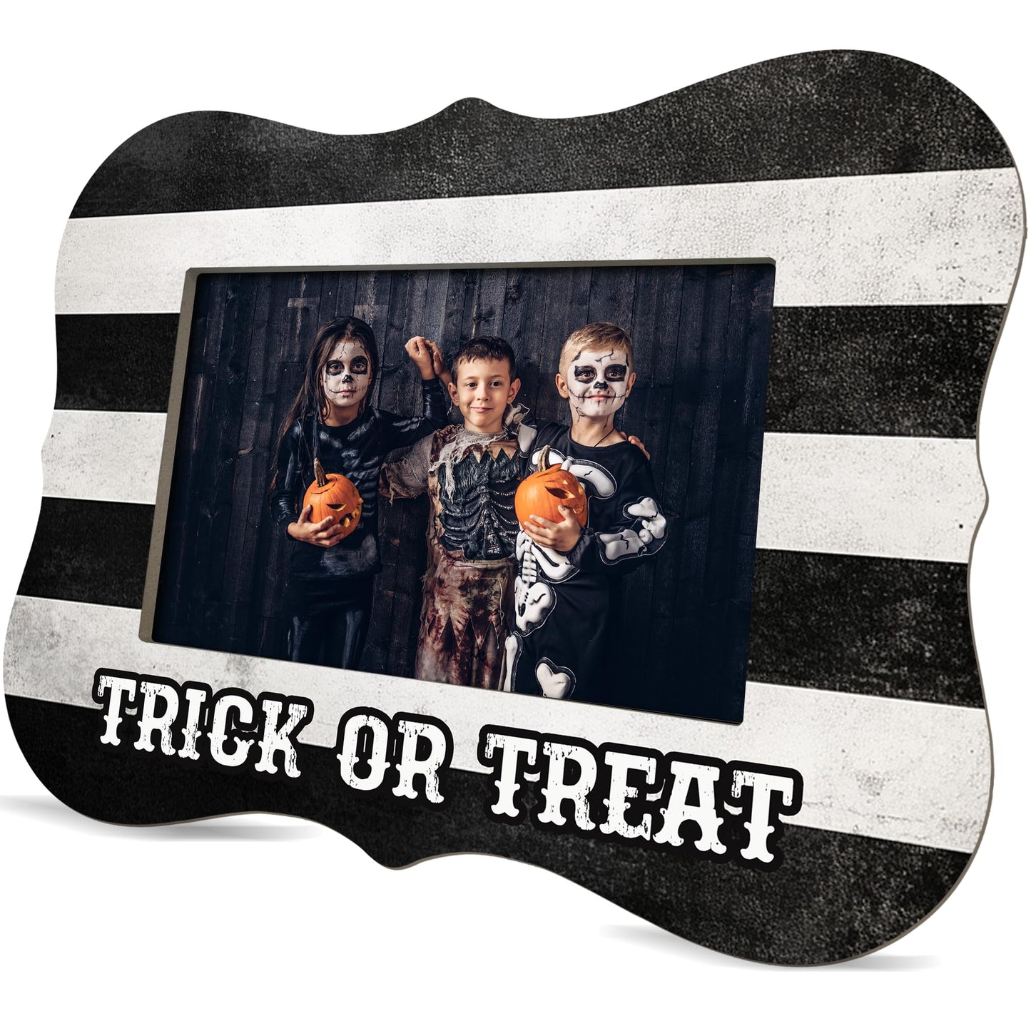 Halloween Photo Frame for 4'' x 6'' Pictures - Trick Or Treat Wooden Tabletop Picture Frame - Rustic Display Decor & Supplies for Home Desk Office Shelf Halloween Party - Favors For Friends Family-A12