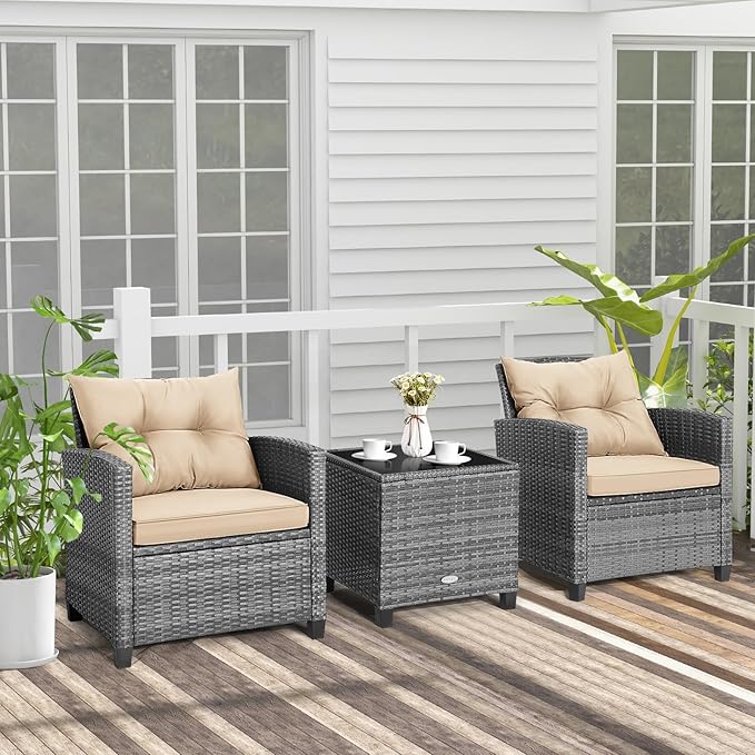 COSTWAY 3PCS Patio Furniture Set, PE Rattan Wicker Sofa w/Washable Cushion and