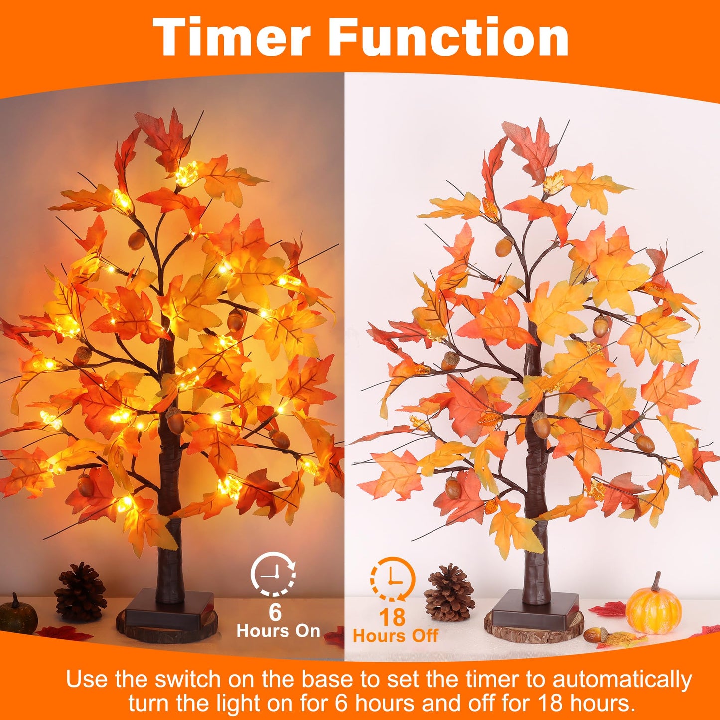 2 Pack 24 Inch Fall Maple Tree Fall Thanksgiving Decorations with Lights Lighted Artificial Tree with Pumpkin Acorn Maple Thanksgiving Table Decoration Centerpieces Indoor Friendsgiving Decor for Home