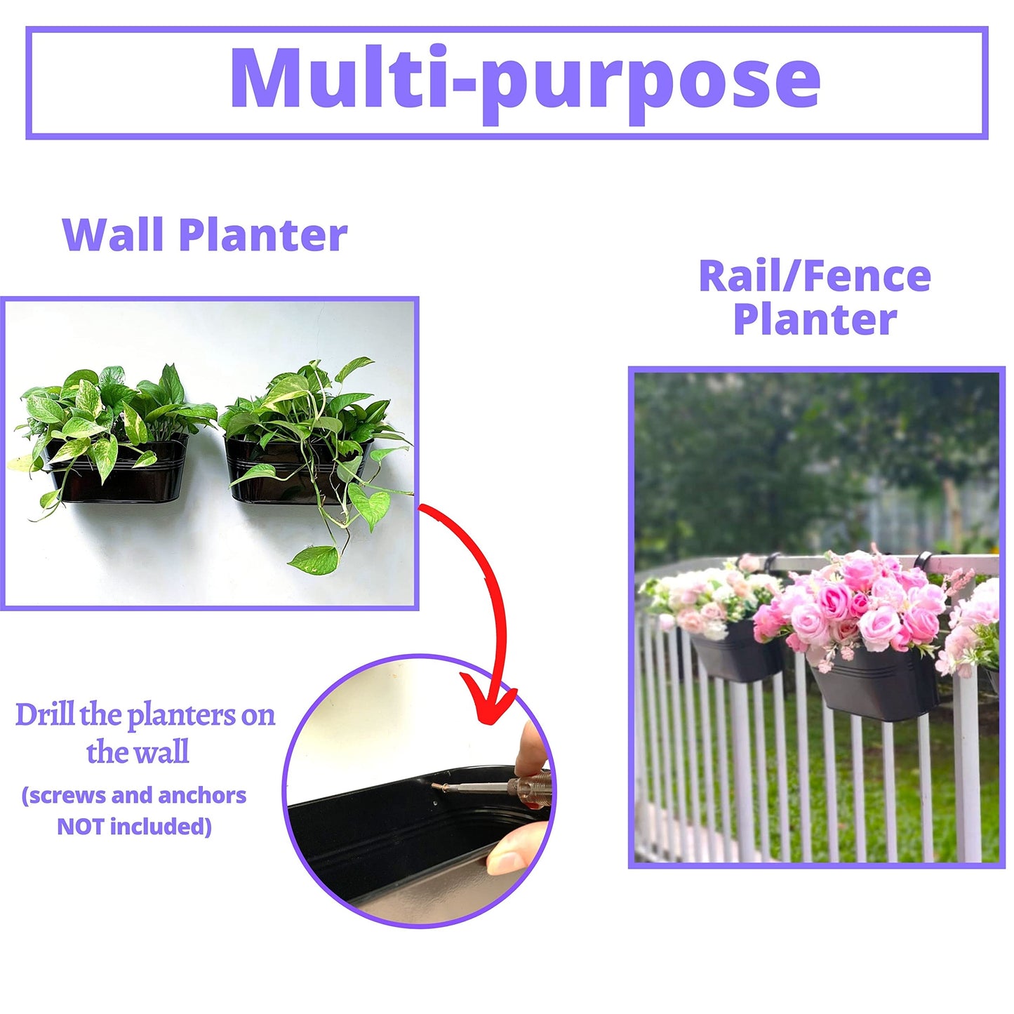 LaLaGreen Bundle- 2 Pack, 17 Inch + 6 Pack, 11.8 Inch Black Metal Pot Hanging Window Flower Box with Hook Modern Boho Style Decor Railings Fence Outdoor Patio Porch Balcony Flower Herb Buckets Garden