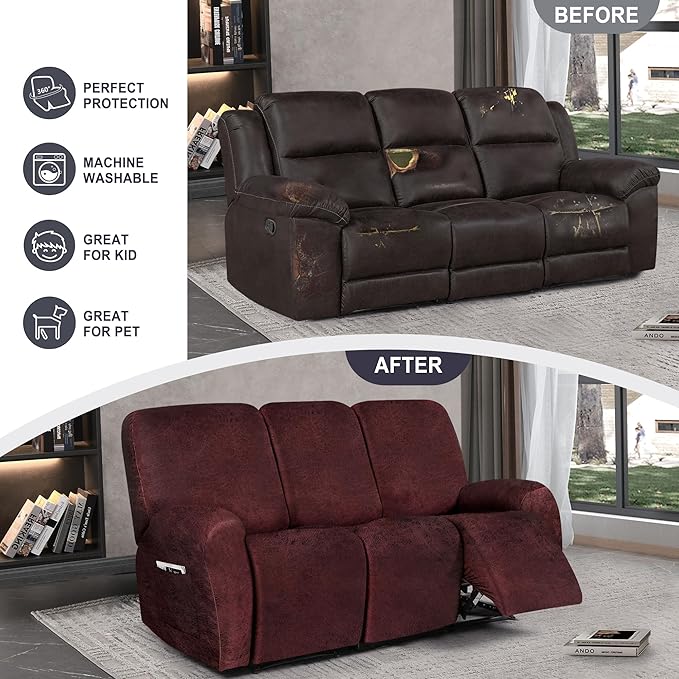 ANARACHON Leather Look Recliner Couch Cover, 8-Pieces Stretch Recliner Sofa