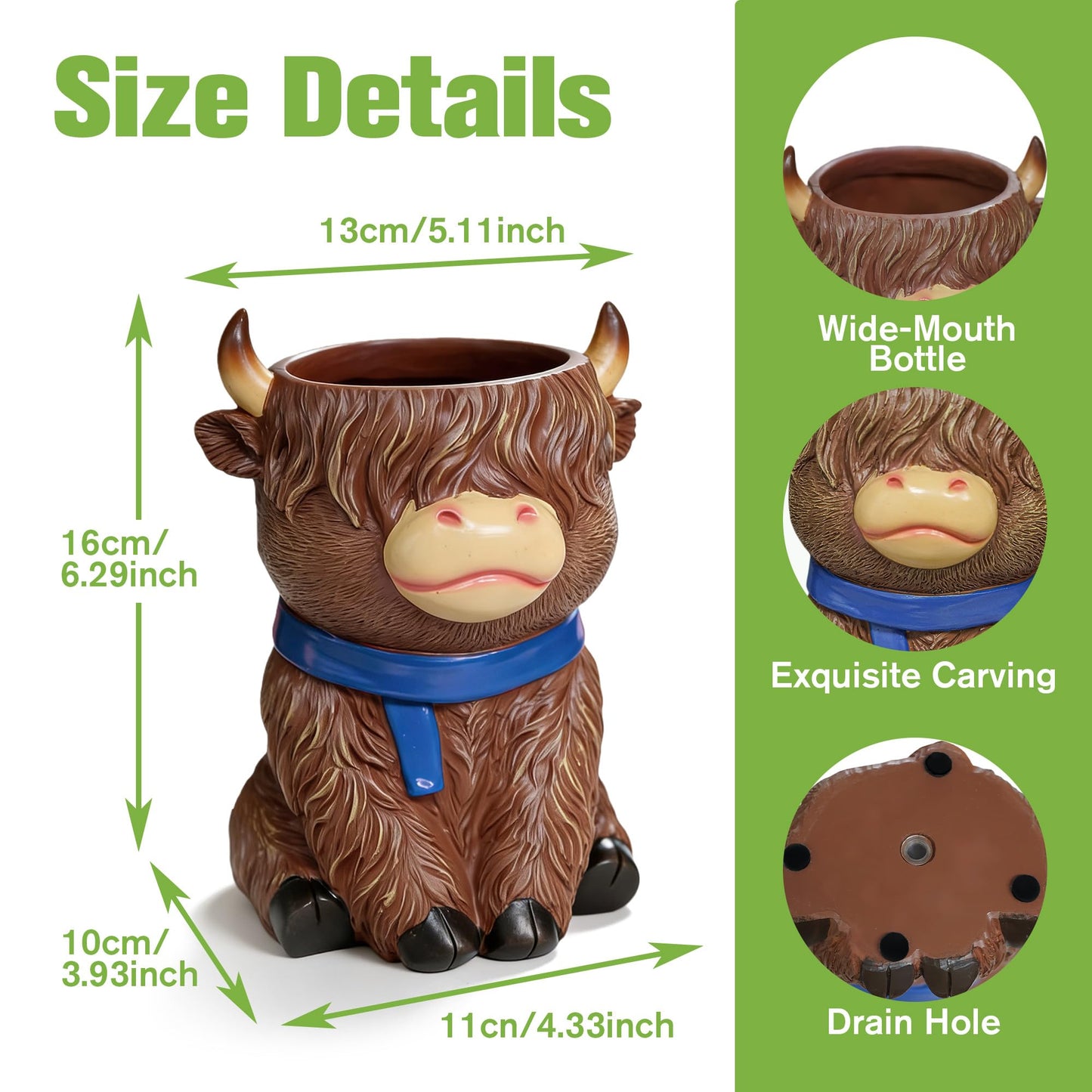 ASDFG Cute Highland Cow Planter Pot - Resin Succulent Pot with Drainage, Aesthetic Scottish Cow Flower Pot for Boho Home Decor, Desk, Patio | Unique Cow Gifts for Women, Mom, Plant Lovers (Brown)