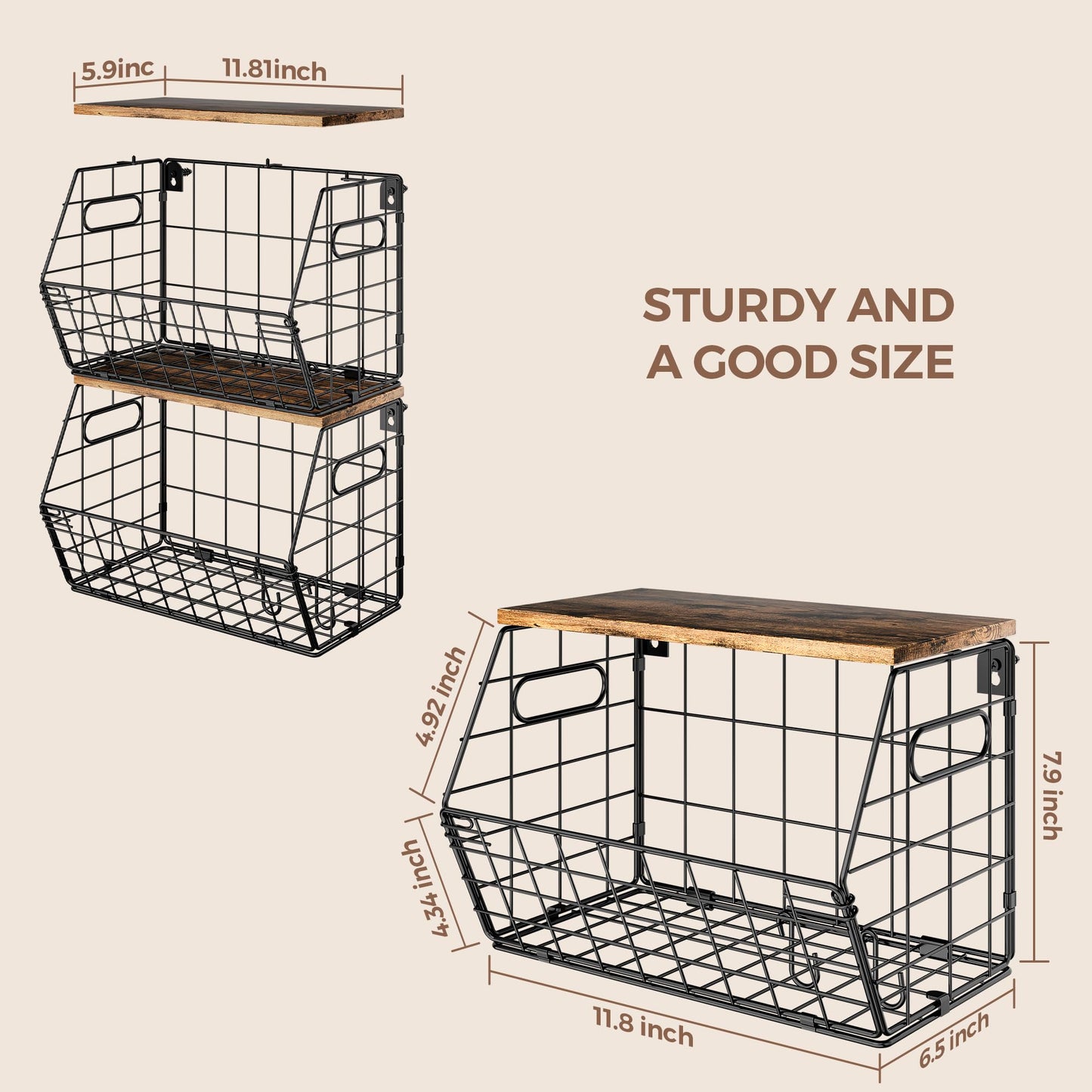 Delamu Stackable Metal Fruit Basket with Wood Lid 2 Pack, Hanging Wall Organizer for Kitchen Counter, Pantry Storage for Onions, Potatoes, Garlic, Fruits, Spices, Black