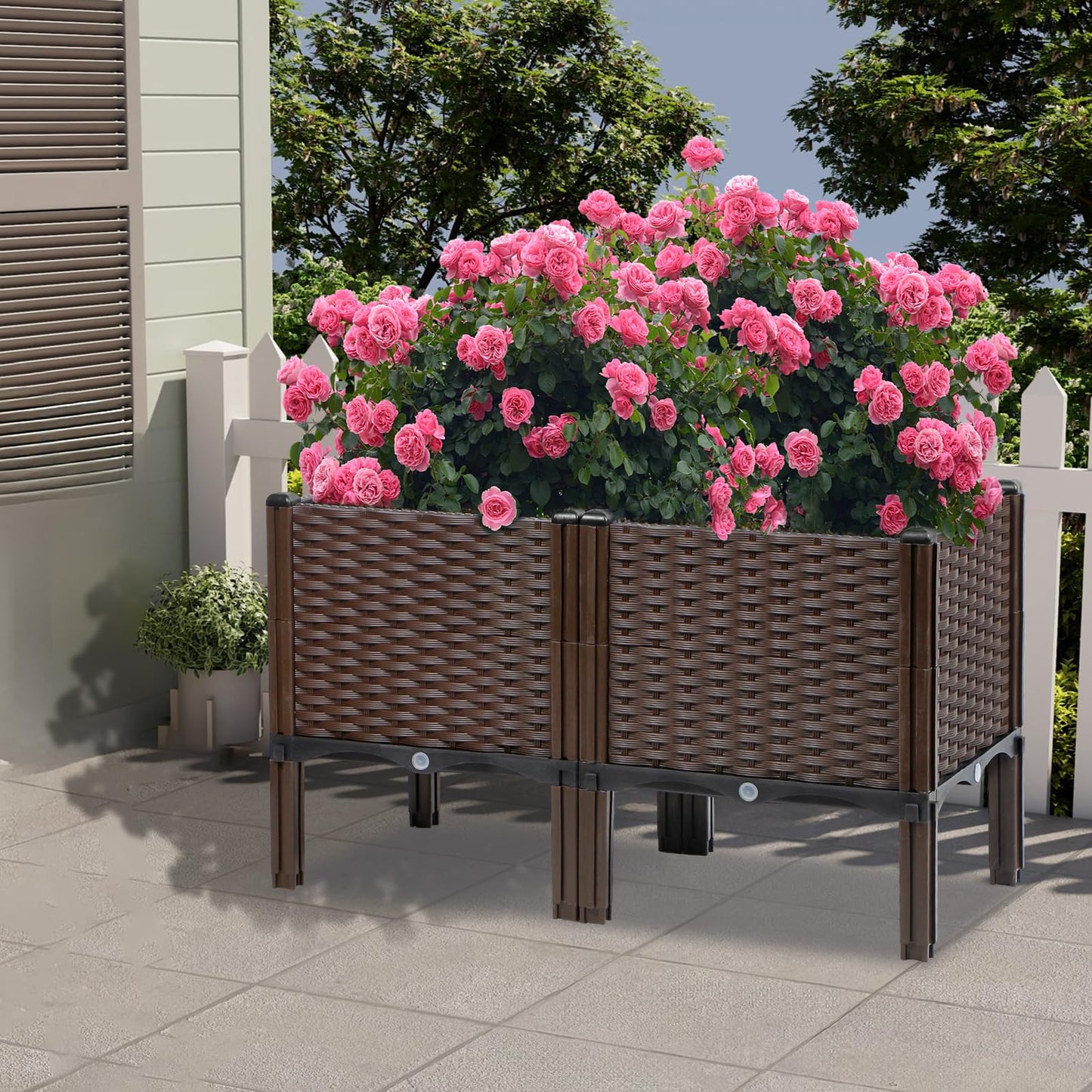 Rattan Raised Garden Bed with Legs-Rectangular Elevated Deep Planters for Outdoor Plants, Self Watering Planter Box 32"L x 16"W x 20"H, Rectangular Deep Garden Bed for Vegetables, Flowers, Herbs