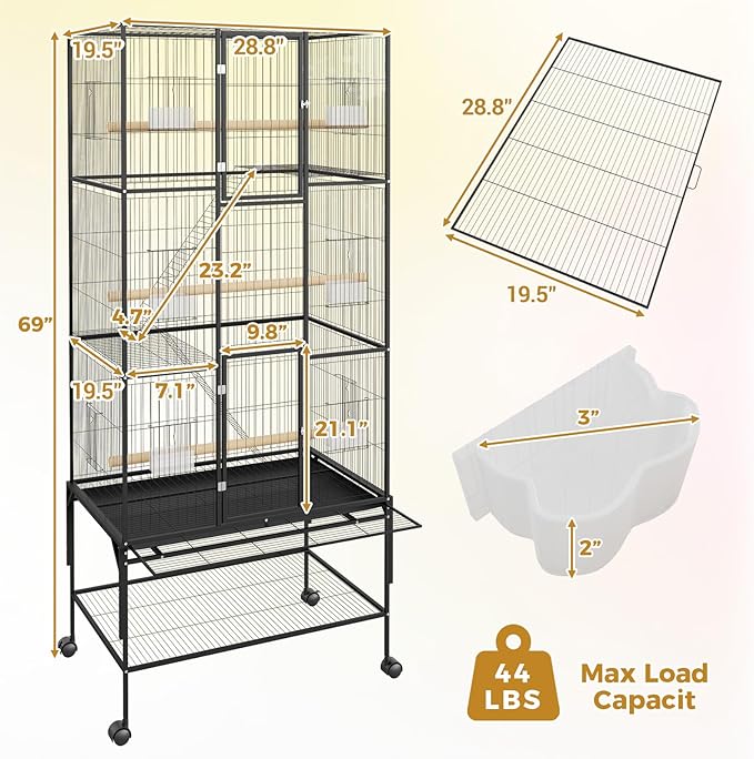 Garvee 69in Extra Large Bird Cage, Rolling Parrot Cage with Feeding Accessories, Metal Parakeet Cage for Parrots, Parakeets, Conures, Parrot,