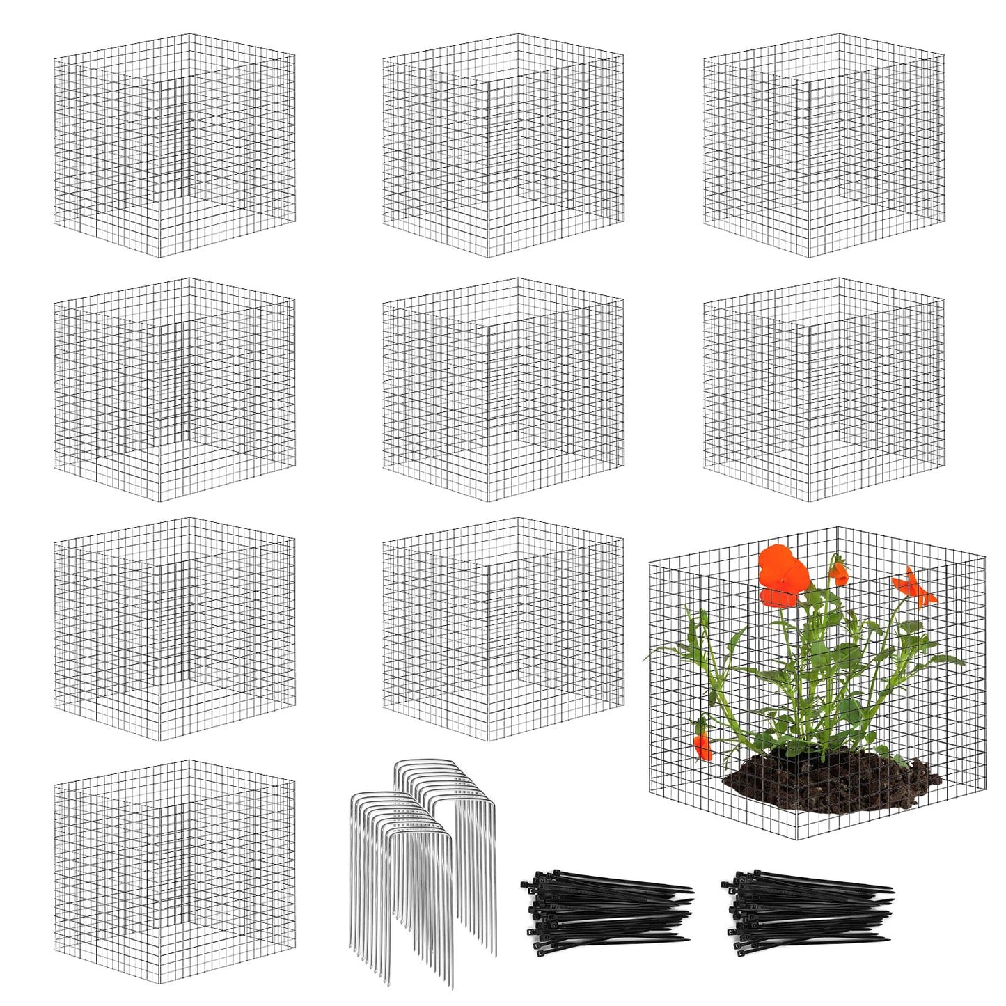 10 Pack Plant Protector from Animals, 12'' x 12'' Square Metal Plant Cages Wire Plant Protectors 40pcs Metal Mesh to Keep Animals Out, Garden Protection Bunny Barricades for Garden Flowers Vegetables