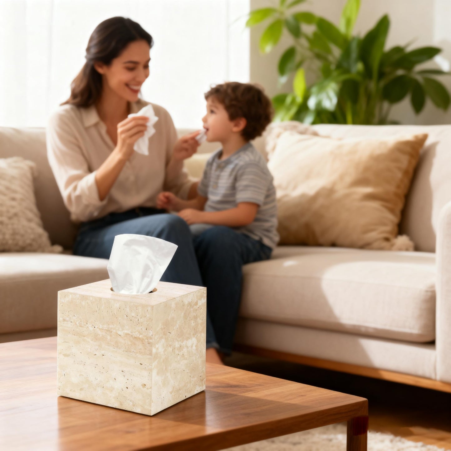 N NANSHOP Natural Travertine Marble Tissue Box Holder Cover, Square Cube Tissue Box Holder with Open Bottom for Bathroom Vanity Tops, Bedroom Dressers, Kitchen Countertop, Travertine Beige(NS022)