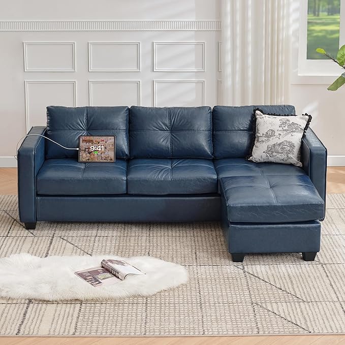 TYBOATLE 88" W Blue Faux Leather L Shaped Sectional Couches w/Side Pockets